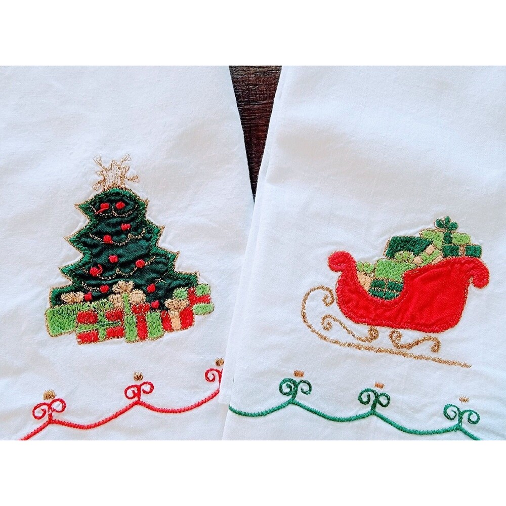 Vintage Lillian Vernon Christmas Tea Towels Sleigh Tree